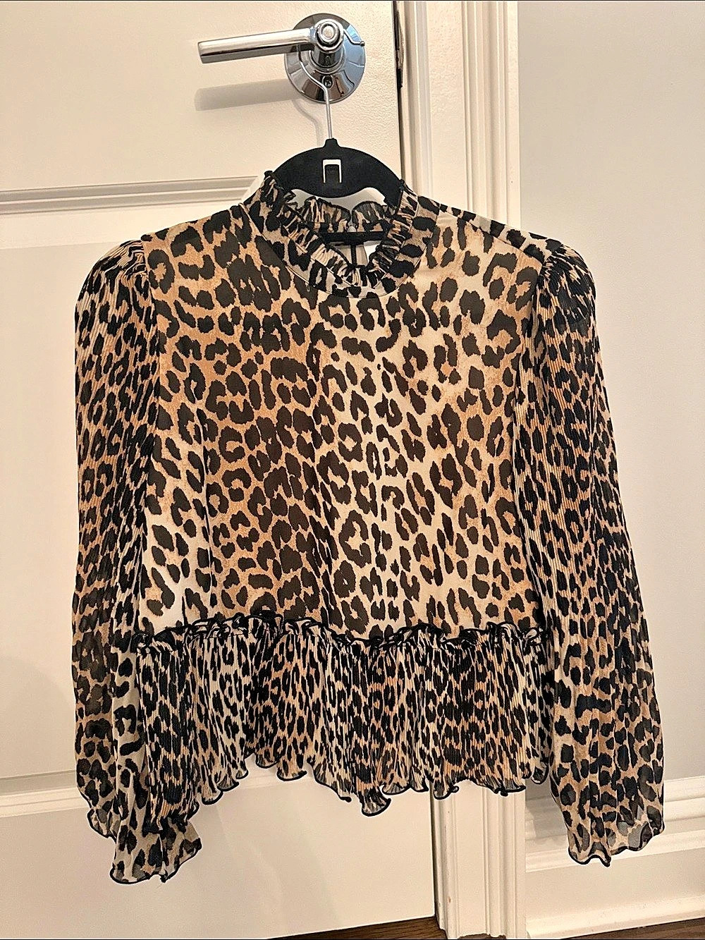 Ganni Leopard-print ruffled chiffon blouse Brown & Black Size 38